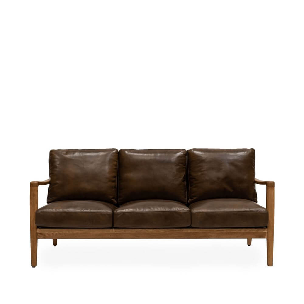 Reid 3 Seater Leather Brown Natural Frame Lounge Living Reid 3 Seater Leather Brown Natural
